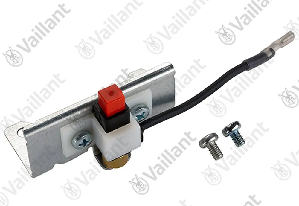 Vaillant Piezo-Zünder mit montierter Metallplatte, rotem Druckknopf, schwarzem Kabel und Schrauben für die Montage.